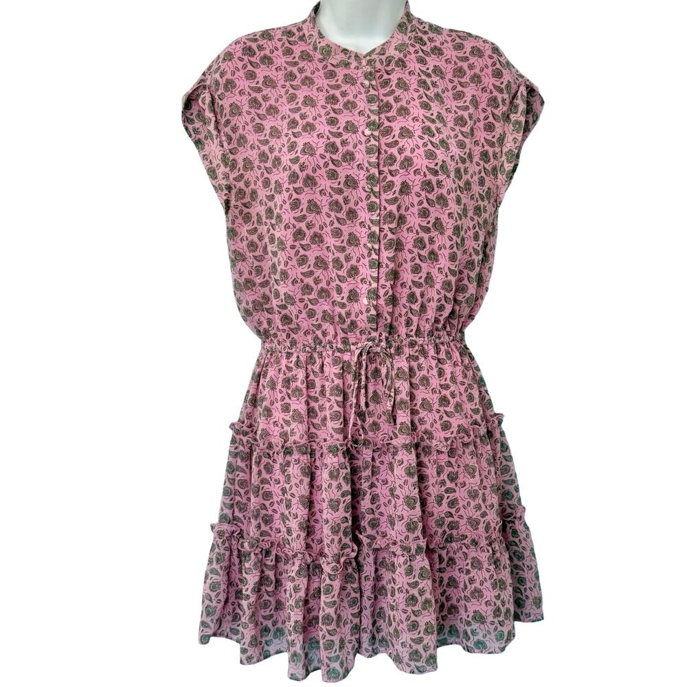 Rebecca Minkoff Pink Black Paisley Ruffle Tiered Ollie Cap Sleeve Mini Dress XS